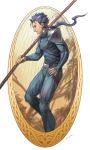  1boy blue_hair bodysuit fate/stay_night fate_(series) framed_image from_side gae_bolg hand_on_hip highres holding_spear lancer long_hair nunohashi_(shock_wave) pauldrons polearm red_eyes solo spear standing tree weapon 