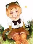 1girl ancolatte_(onikuanco) black_bow black_bowtie blonde_hair blush bow bowtie breasts brown_eyes jaguar_(kemono_friends) jaguar_ears jaguar_print jaguar_tail kemono_friends knees_together_feet_apart large_breasts lens_flare looking_at_viewer open_mouth plant shirt short_sleeves sitting skirt solo star tail thigh-highs white_background white_shirt 