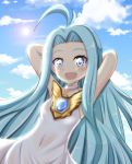  1girl ahoge armpits arms_behind_head arms_up blue_eyes blue_sky blush choker clouds commentary_request dress granblue_fantasy grey_eyes highres long_hair looking_at_viewer lyria_(granblue_fantasy) open_mouth sky smile solo tamayan upper_body very_long_hair white_dress 