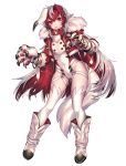  1girl animal_ears boots claw_(weapon) claw_pose claws highres katagiri_hachigou knee_boots leotard looking_at_viewer lycanroc multicolored_hair open_mouth personification pokemon red_eyes redhead silver_hair simple_background tail weapon white_background white_hair 