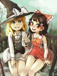  2girls absurdres ascot blonde_hair blue_eyes bow brown_eyes brown_hair detached_sleeves hair_bow hair_tubes hakurei_reimu hat highres kirisame_marisa long_sleeves looking_at_viewer multiple_girls permanentlow sarashi sitting skirt skirt_set smile soaking_feet teeth thighs touhou v vest witch_hat 