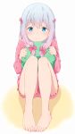  1girl barefoot blue_eyes blue_hair blush bow closed_mouth eromanga_sensei feet feet_together gradient_hair hair_bow highres izumi_sagiri legs multicolored_hair pink_bow pink_hair sitting solo tareme thighs toes wavy_mouth xiao_ren 