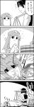  1boy 4koma bow braid bucket comic commentary_request fish greyscale hair_bow hat highres hong_meiling kneeling long_hair lying monochrome on_side shaded_face slapping smile star sweat tani_takeshi touhou translation_request twin_braids water yukkuri_shiteitte_ne 