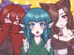  3girls animal_ears bangs black_shirt blue_eyes blue_hair blush bow breasts brooch brown_hair cape chestnut_mouth covered_mouth curly_hair dress embarrassed eyebrows_visible_through_hair eyes_visible_through_hair flat_chest gradient_eyes grass_root_youkai_network hair_between_eyes hair_bow hair_over_one_eye imaizumi_kagerou japanese_clothes jewelry kimono long_hair looking_at_viewer looking_away medium_breasts mermaid miata_(miata8674) monster_girl multicolored multicolored_eyes multiple_girls off_shoulder open_mouth red_cape red_eyes redhead ribbon-trimmed_headwear ribbon_trim sekibanki_(touhou) shiny shiny_hair shirt simple_background team_shanghai_alice touhou upper_body wakasagihime_(touhou) white_dress wolf_ears 