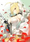  1girl ahoge blonde_hair blurry breasts bursting_breasts cleavage contrapposto cowboy_shot depth_of_field detached_collar detached_sleeves eyebrows_visible_through_hair fate/extra fate/extra_ccc fate_(series) green_eyes hand_on_hip large_breasts petals saber_bride saber_extra smile solo sword veil weapon zipper zollo 