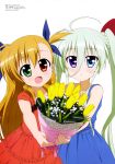  2girls :d absurdres ahoge bangs blue_dress blue_eyes blue_ribbon blush bouquet bow braid child cowboy_shot dress duplicate einhart_stratos flat_chest flower foreshortening formal french_braid frilled_dress frills giving green_eyes hair_between_eyes hair_bow hair_ribbon happy head_tilt highres holding holding_bouquet jewelry long_hair looking_at_viewer lyrical_nanoha mahou_shoujo_lyrical_nanoha_vivid megami megami_deluxe multicolored_eyes multiple_girls necklace official_art open_mouth orange_hair outstretched_arm parted_lips pink_ribbon red_bow red_dress red_eyes ribbon scan short_sleeves side-by-side sidelocks sleeveless sleeveless_dress smile standing transparent tulip twintails two_side_up very_long_hair violet_eyes vivio white_hair yamano_masaaki 