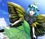  1girl antennae aqua_hair butterfly_wings clouds cloudy_sky etarnity_larva flying hair_ornament hidden_star_in_four_seasons leaf_hair_ornament lens_flare open_mouth red_eyes shirt short_hair short_sleeves sketch skirt sky smile solo touhou traditional_media wings zioase 