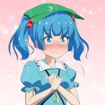  1girl bangs blue_eyes blue_hair blunt_bangs blush cato_(monocatienus) commentary_request embarrassed eyebrows_visible_through_hair hair_bobbles hair_ornament hands_together hat kawashiro_nitori key looking_at_viewer puffy_short_sleeves puffy_sleeves short_sleeves solo touhou twintails upper_body wavy_mouth 