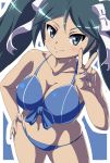  1girl bikini blue_bikini blue_eyes blue_hair breasts cleavage from_above front-tie_top hair_ribbon highres isuzu_(kantai_collection) kantai_collection long_hair looking_at_viewer medium_breasts navel painted_fingernails ribbon smile solo standing swimsuit twintails v white_ribbon william_lee 