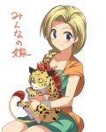  1girl bianca blonde_hair blue_eyes blush borongo braid breasts cape cleavage dragon_quest dragon_quest_v dress earrings hair_over_shoulder hyakuen_raitaa jewelry long_hair looking_at_viewer medium_breasts single_braid sitting smile solo 