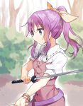  1girl bow bracelet collared_shirt hair_bow jewelry misha_(hoongju) pink_coat ponytail puffy_short_sleeves puffy_sleeves purple_hair shirt short_sleeves sidelocks solo sword touhou violet_eyes watatsuki_no_yorihime weapon white_shirt yellow_bow 