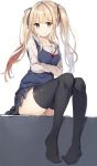  1girl 3: bangs black_legwear black_skirt blonde_hair blue_eyes blush breasts closed_mouth crossed_arms eyebrows_visible_through_hair hair_between_eyes highres legs_together long_hair looking_at_viewer medium_breasts pleated_skirt pout rurikoma saenai_heroine_no_sodatekata sawamura_spencer_eriri school_uniform serafuku sidelocks simple_background sitting skirt solo thigh-highs thighs twintails white_background 