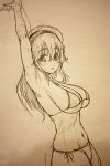  1girl armpits arms_up bikini breasts cleavage cowboy_shot headphones highres large_breasts long_hair looking_at_viewer monochrome navel nitroplus open_mouth sketch solo stretch super_sonico swimsuit tsuji_santa 