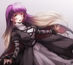  1girl :d bangs blonde_hair breasts brown_eyes cross-laced_clothes dress gradient_hair hijiri_byakuren juliet_sleeves long_hair long_sleeves looking_at_viewer medium_breasts multicolored_hair nooca open_mouth puffy_sleeves purple_hair sidelocks smile solo touhou turtleneck two-tone_hair upper_body 