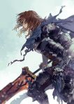  1boy armor blue_background breastplate brown_hair gauntlets gradient gradient_background granblue_fantasy highres holding holding_sword holding_weapon k29 long_hair male_focus no_headwear no_helmet parted_lips siegfried_(granblue_fantasy) solo sword torn_clothes weapon yellow_eyes 