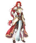  1girl armor armored_boots belt boots braid breastplate fire_emblem fire_emblem:_souen_no_kiseki fire_emblem_heroes full_body gauntlets green_eyes hand_on_hip highres long_hair looking_at_viewer official_art pants pauldrons pelvic_curtain redhead single_braid smile solo standing tiamat_(fire_emblem) titania transparent_background very_long_hair wada_sachiko 