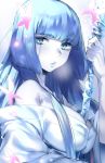  1girl blue_eyes blue_hair breasts butterfly cleavage long_hair looking_at_viewer medium_breasts naso4 nioh pale_skin parted_lips solo staff yuki-onna_(nioh) 