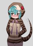  &gt;:&lt; 1girl :&lt; blush brown_eyes closed_mouth cowboy_shot disembodied_limb embarrassed green_hair grey_background hair_between_eyes hands_in_pockets hood hoodie jitome kaafi kemono_friends long_sleeves looking_away looking_to_the_side petting ribbon short_hair simple_background snake_tail solo striped_hoodie striped_tail tail thigh_gap tsuchinoko_(kemono_friends) 