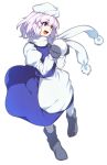 1girl :d apron bangs black_shoes blue_dress blue_eyes blush_stickers dress from_side full_body head_scarf juliet_sleeves kaiza_(rider000) letty_whiterock long_sleeves looking_away mittens open_mouth puffy_sleeves scarf shoes short_hair simple_background smile snowball solo touhou waist_apron white_background white_hair white_scarf 