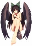  1girl arm_cannon bangs bird_wings black_hair black_wings bow breasts closed_mouth collarbone feathered_wings feet foreshortening full_body green_bow hair_bow kaiza_(rider000) large_breasts long_hair looking_at_viewer nude red_eyes reiuji_utsuho simple_background smile solo third_eye toes touhou very_long_hair weapon white_background wings 