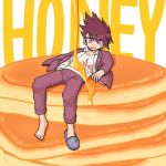  1boy barefoot beard facial_hair feet food full_body goatee honey jacket jacket_on_shoulders male_focus momota_kaito open_mouth pancake pants purple_hair school_uniform shirt short_hair simple_background slippers slippers_removed smile spiky_hair violet_eyes wet wet_clothes 