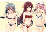  3girls :d absurdres ahoge arms_up bare_arms bare_shoulders beret bra breasts collarbone detached_sleeves detexted flower front-tie_top grey_hair hair_between_eyes hair_flower hair_ornament hair_ribbon harusame_(kantai_collection) hat highres kamikaze_(kantai_collection) kantai_collection kiyoshimo_(kantai_collection) lace lace-trimmed_bra lace-trimmed_panties long_hair looking_at_viewer multiple_girls nagami_yuu navel open_mouth panties pink_hair purple_hair red_eyes ribbon scan side-tie_panties side_ponytail small_breasts smile strap_slip underwear underwear_only violet_eyes yellow_background yellow_ribbon 