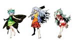  3girls :3 antennae aqua_hair bare_shoulders barefoot blouse blue_eyes blush breasts butterfly_wings cleaver curly_hair detached_sleeves eternity_larva full_body geta grey_hair hair_ornament hidden_star_in_four_seasons highres horn kariyushi_shirt komano_aunn leaf_hair_ornament long_hair looking_at_viewer multiple_girls open_mouth outstretched_arms over_shoulder paw_pose pink_eyes pointy_ears red_eyes sakata_nemuno seeker shirt short_hair shorts simple_background sketch skirt smile standing touhou weapon weapon_over_shoulder white_background wings 