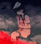  1girl black_hair blood bloody_clothes finger_licking glowing glowing_eyes green_eyes hat licking meitei murasa_minamitsu neckerchief puffy_short_sleeves puffy_sleeves red_neckerchief sailor_collar sailor_hat shirt short_hair short_sleeves shorts sitting skull solo touhou white_hat white_shirt white_shorts 