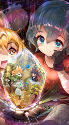  +_+ 3girls :&gt; animal_ears black_gloves black_hair blonde_hair blue_eyes cerulean_(kemono_friends) crystal eyebrows_visible_through_hair gloves hair_between_eyes hat hat_removed headwear_removed highres hippopotamus_(kemono_friends) in_tree japari_coin japari_symbol kaban_(kemono_friends) kemono_friends long_hair multicolored_hair multiple_girls open_mouth paper_airplane pencil red_shirt redhead serval_(kemono_friends) serval_ears serval_print serval_tail shirt short_hair smile table tail thyr tree two-tone_hair white_gloves yellow_eyes 