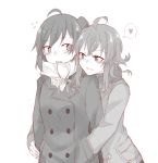  2girls ahoge arashi_(kantai_collection) arm_grab blush coat eyebrows_visible_through_hair flying_sweatdrops greyscale grin hagikaze_(kantai_collection) hand_in_another&#039;s_pocket hands_in_pockets heart highres kantai_collection long_hair monochrome multiple_girls open_mouth scarf side_ponytail simple_background sketch smile spoken_heart white_background yuutama2804 