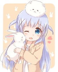  1girl angora_rabbit animal animal_on_head araki495 bangs beige_background beige_jacket blue_eyes blush cheek_kiss collarbone commentary_request eyebrows_visible_through_hair gochuumon_wa_usagi_desu_ka? hair_ornament hairclip heart holding holding_animal hood hooded_jacket jacket kafuu_chino kiss light_blue_hair long_hair long_sleeves looking_at_viewer on_head one_eye_closed open_mouth pom_pom_(clothes) rabbit shirt sidelocks tippy_(gochiusa) two_side_up upper_body wavy_mouth white_shirt x_hair_ornament 