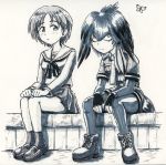  2girls ballpoint_pen_(medium) bangs blouse butterfly closed_mouth full_body girls_und_panzer graphite_(medium) greyscale kemono_friends loafers long_sleeves looking_at_another maruyama_saki millipen_(medium) miniskirt monochrome multiple_girls neckerchief nspa_(spa-jcs) ooarai_school_uniform parted_lips pleated_skirt school_uniform serafuku shoebill_(kemono_friends) shoes short_hair sitting skirt socks traditional_media 