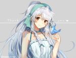  1boy aqua_ribbon bangs bird bird_on_hand blush braid closed_mouth eyebrows_visible_through_hair grey_background hair_ribbon hand_up lace lace-trimmed_ribbon light_smile long_hair looking_at_viewer male_focus mishima_kurone original ponytail ribbon simple_background smile solo thank_you tierra_azur trap tress_ribbon twitter_username upper_body very_long_hair 
