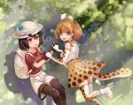  2girls animal_ears animal_print backpack bag bangs black_gloves black_hair black_legwear black_shirt blonde_hair blush boots bucket_hat choker dappled_sunlight day feathers gloves hair_between_eyes happy hat highres interlocked_fingers kaban_(kemono_friends) kemono_friends layered_clothing light_particles light_rays looking_at_another looking_at_viewer mofashi_beibei multiple_girls open_mouth pantyhose parted_lips red_shirt ribbon serval_(kemono_friends) serval_ears serval_print serval_tail shadow shiny shiny_clothes shiny_hair shirt short_hair shorts skirt sleeveless sleeveless_shirt sparkling_eyes sunbeam sunlight tail teeth thigh-highs thighs tree wall white_boots white_shirt worried yellow_skirt 