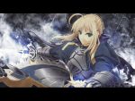  1girl ahoge armor blonde_hair fate/stay_night fate_(series) gauntlets green_eyes highres letterboxed long_sleeves looking_at_viewer saber satomi solo sword weapon 