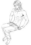 1boy abs adonis_belt barefoot closed_mouth collarbone contemporary full_body granblue_fantasy k29 long_hair male_focus pants scar shirtless siegfried_(granblue_fantasy) sitting sweatpants undressing 