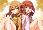  2girls ^_^ back-to-back bangs brown_eyes brown_hair center_frills closed_eyes commentary_request eyebrows_visible_through_hair kunikida_hanamaru kurosawa_ruby long_sleeves love_live! love_live!_sunshine!! multiple_girls open_mouth pleated_skirt redhead shikei_(jigglypuff) sitting skirt smile twintails 