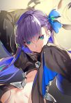  1girl blue_eyes fate/extra fate/extra_ccc fate_(series) hair_ribbon highres long_hair long_sleeves meltlilith midriff purple_hair ribbon sleeves_past_wrists smile solo yuran_(cozyquilt) 
