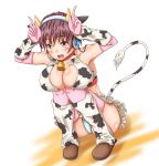  1girl animal_ears animal_print armpits bangs bell bell_collar blue_panties blush breast_hold breasts brown_eyes brown_hair brown_shoes cleavage collar collarbone cow_ears cow_horns cow_print cow_tail elbow_gloves full_body gloves headset horns idolmaster idolmaster_cinderella_girls index_finger_raised joker_(bake-monogatari) knees_up large_breasts oikawa_shizuku open_mouth panties pantyshot pantyshot_(sitting) pink_gloves pink_legwear shoes short_hair sitting solo tail thigh-highs underwear 