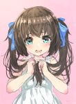  1girl 3: absurdres aqua_eyes bangs blue_bow blush bow brown_hair dress eyebrows_visible_through_hair hair_bow hands_up highres holding holding_hair long_hair looking_at_viewer oota_youjo open_mouth original pink_background simple_background sketch solo tears twintails upper_body white_dress 