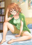  1girl ahoge araki_hina barefoot bed blush bookshelf breasts brown_eyes brown_hair cleavage glasses hida_tatsuo idolmaster idolmaster_cinderella_girls jacket looking_at_viewer medium_breasts messy_hair poster sitting solo track_jacket 