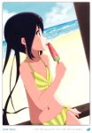  1girl absurdres black_hair blush brown_eyes errant food highres holding holding_food k-on! long_hair looking_away nakano_azusa navel popsicle solo tongue tongue_out twintails 