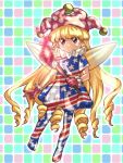  1girl adapted_costume bangs blonde_hair closed_eyes dress drill_hair fairy_wings fire full_body gloves hat jester_cap komame_(st_beans) long_hair looking_at_viewer neck_ruff pantyhose pink_eyes pink_gloves polka_dot short_dress short_sleeves solo star star_print striped torch touhou unmoving_pattern very_long_hair wings wrist_cuffs 