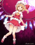 1girl blonde_hair crystal flandre_scarlet full_moon hat highres mob_cap moon open_mouth pen-zin puffy_short_sleeves puffy_sleeves red_eyes short_sleeves side_ponytail solo the_embodiment_of_scarlet_devil touhou wings wrist_cuffs 