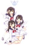  2015 3girls :d bangs black_hair blue_eyes blush brown_eyes closed_mouth copyright_request eyebrows_visible_through_hair green_eyes highres kneeling legs_apart long_hair looking_at_viewer low_twintails multiple_girls open_mouth outstretched_arm sailor_collar salute school_uniform serafuku simple_background skirt smile standing teeth tsukigami_runa twintails white_background white_skirt 