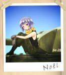  1girl absurdres black_tank_top blue_sky boots brown_eyes character_name gloves ground_vehicle hands_on_legs highres kannagi_noel military military_uniform military_vehicle motor_vehicle mysmys photo_(object) scarf short_hair silver_hair sitting sky sora_no_woto tank tank_top tape uniform wooden_wall 