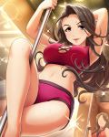  2girls armpits artist_request barefoot black_hair breasts brown_hair cleavage cleavage_cutout faceless idolmaster idolmaster_cinderella_girls large_breasts long_hair looking_at_viewer midriff multiple_girls navel official_art parted_lips pole pole_dancing smile sweat takahashi_reiko violet_eyes 