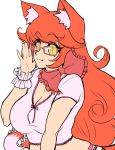  ! 1girl :3 adjusting_glasses animal_ears blush_stickers breasts cat_ears cat_tail cleavage curly_hair glasses long_hair mazume nail_polish navel orange_hair original slit_pupils tail yellow_eyes 