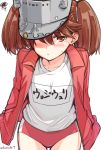  1girl blush brown_eyes brown_hair buruma collarbone commentary_request cowboy_shot gym_uniform hands_in_pockets hat_over_one_eye jacket kamoto_tatsuya kantai_collection looking_at_viewer name_tag ryuujou_(kantai_collection) short_hair solo squiggle sweatdrop track_jacket twintails twitter_username 