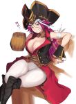 1girl alp bare_shoulders boots breasts cleavage curvy fate/grand_order fate_(series) grin hat highres large_breasts legs_crossed long_hair looking_at_viewer one_eye_closed pink_hair pirate_hat rider_(fate/extra) scar simple_background sitting smile solo thick_thighs thighs translated wide_hips 